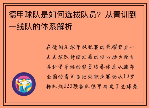 德甲球队是如何选拔队员？从青训到一线队的体系解析